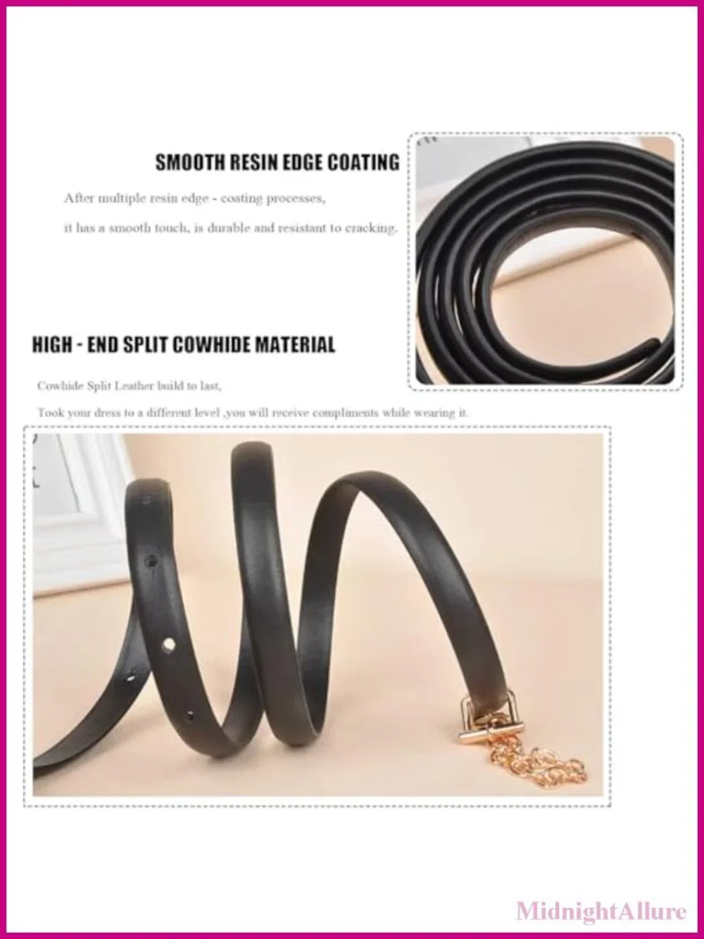 Skinny Cowhide Split Leather Belt Chain Gold Metal Buckle Adjustable